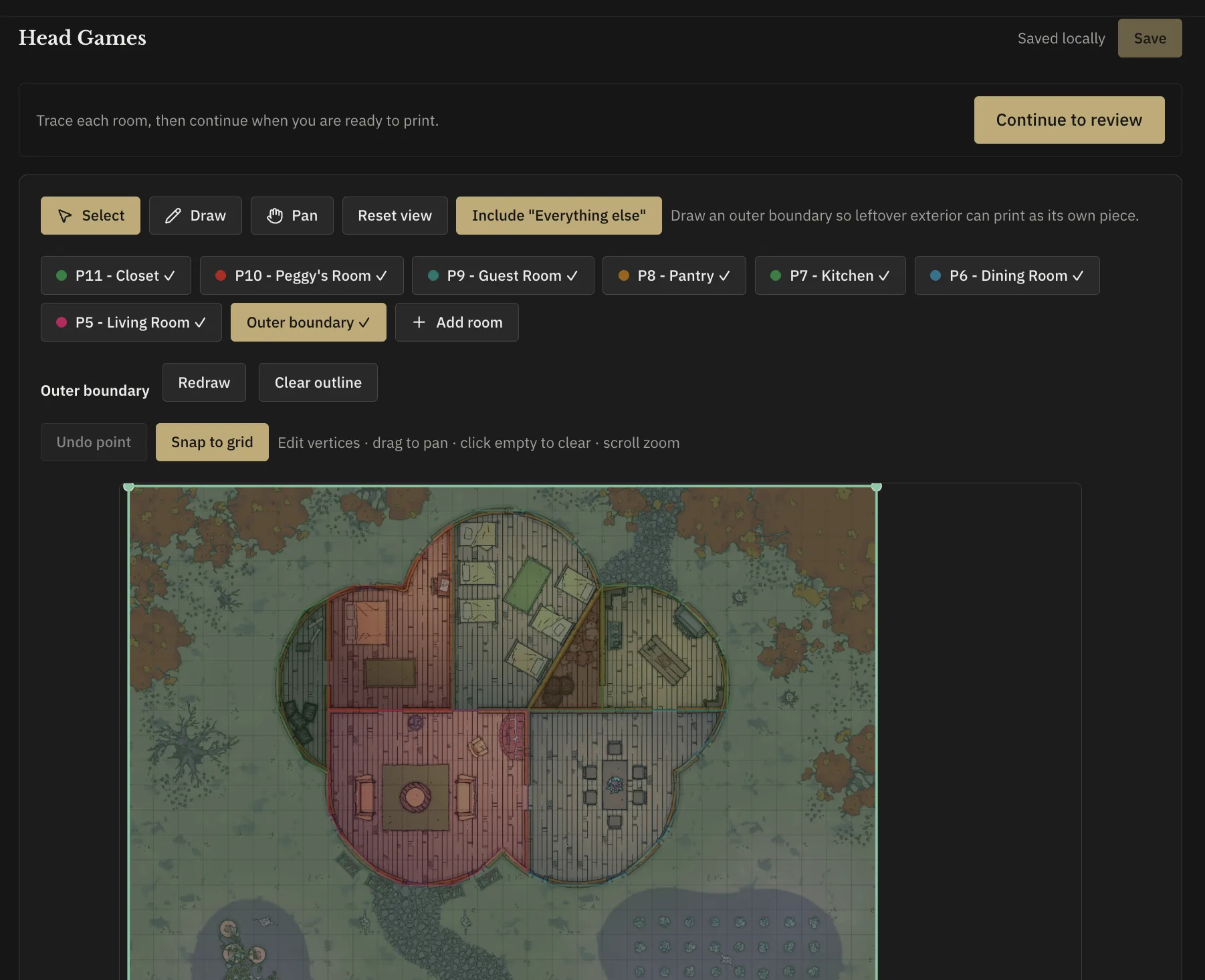 Battlemap Slicer editor with a battle map divided into color-coded rooms ready to print