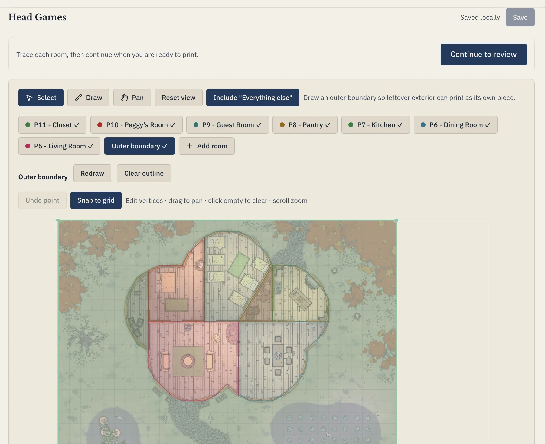 Battlemap Slicer editor with a battle map divided into color-coded rooms ready to print