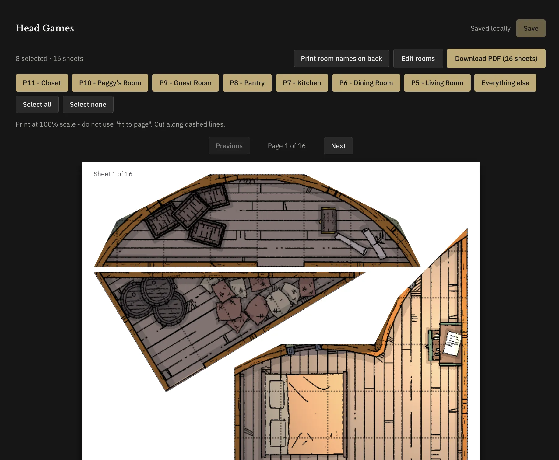 Battlemap Slicer review step showing packed room cutouts on a printable letter sheet