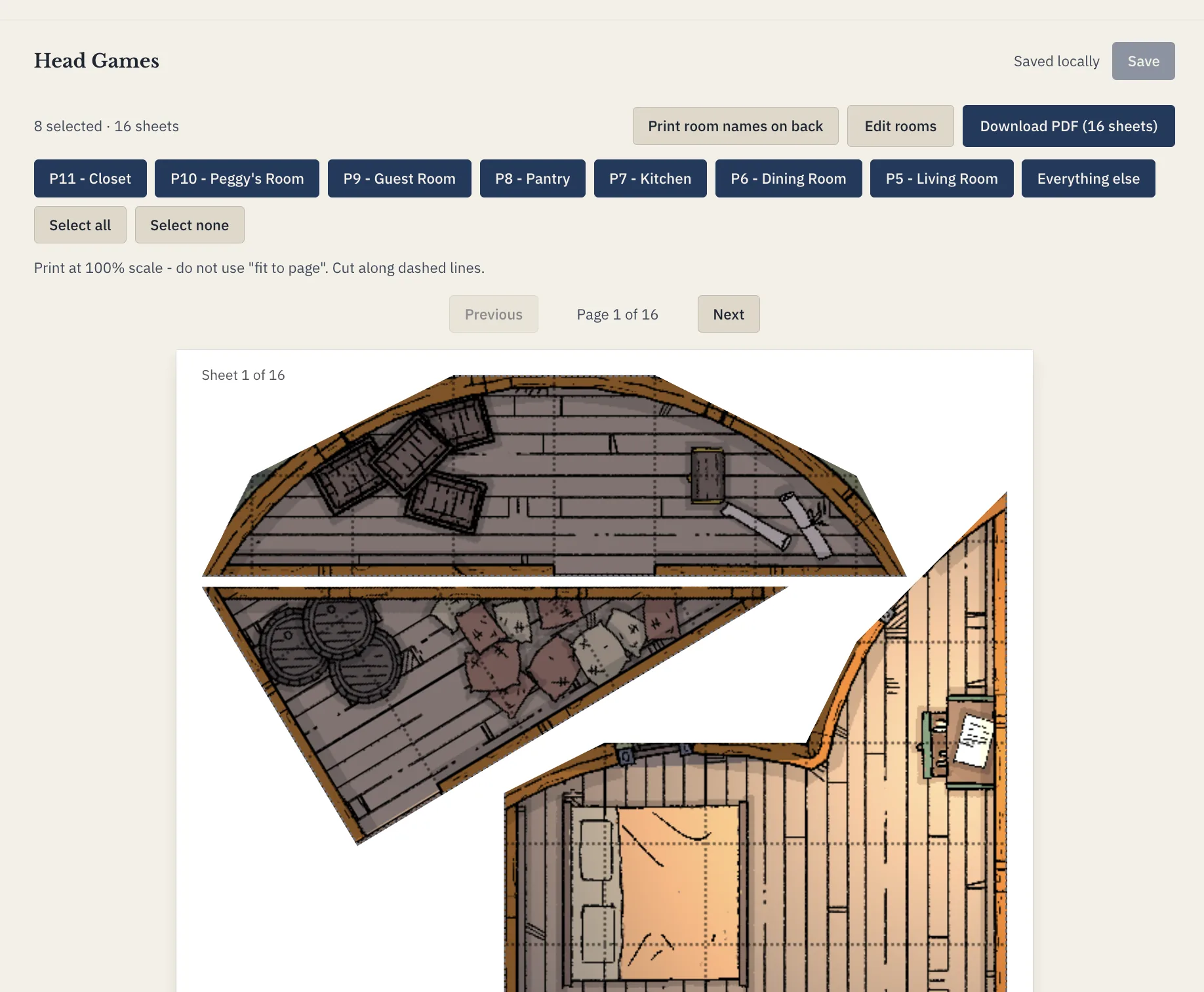 Battlemap Slicer review step showing packed room cutouts on a printable letter sheet